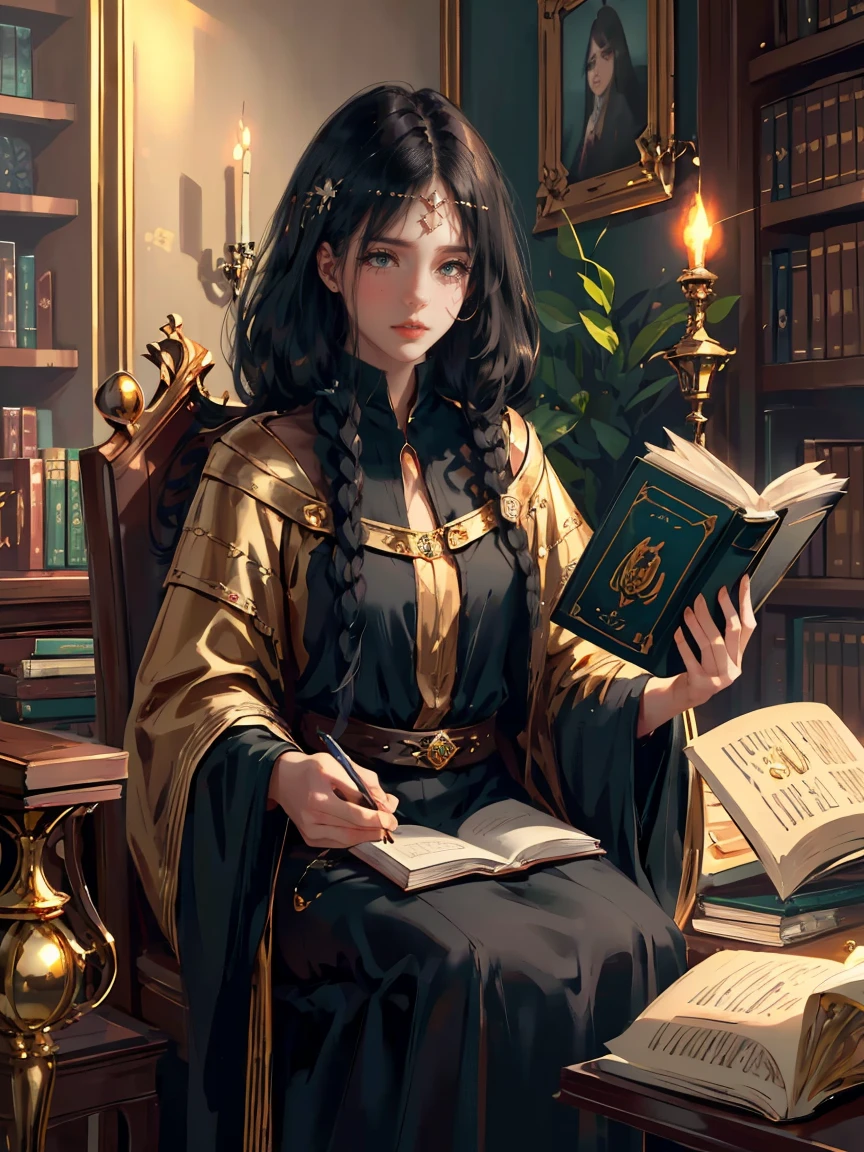 Long dark hair, dark brown eyes, gloss lips, front look, close up, portrait, beautiful gold eyes, druid female, straight hair cut, clear skin, young years girl, adult girl, solo, very long hair, ankle length hair, handsome older WOMAN，Hyperresolution，accuracy，Detailed rendering,（Image of fine hair）（topquality）（Masterpieces of masters）（High degree of completeness）（A sense of atmosphere）tmasterpiece，Super detailed and super detailed（((half-body portrait))(((Monocle)))(((Dark academia)))((((Librarian)))(((SOPHISTICATED)))(((bOOK NERD)))