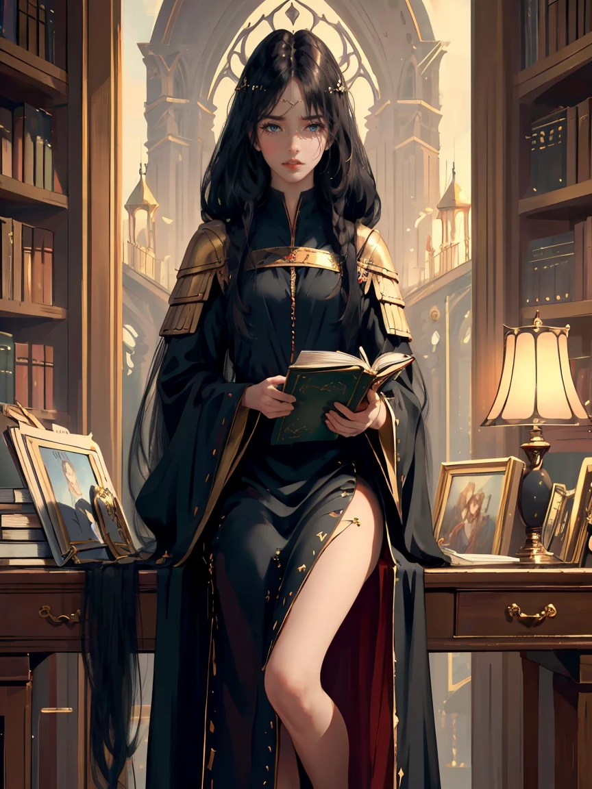 Long dark hair, dark brown eyes, gloss lips, front look, close up, portrait, beautiful gold eyes, druid female, straight hair cut, clear skin, young years girl, adult girl, solo, very long hair, ankle length hair, handsome older WOMAN,Hyperresolution,accuracy,Detailed rendering,(Image of fine hair)(topquality)(Masterpieces of masters)(High degree of completeness)(A sense of atmosphere)tmasterpiece,Super detailed and super detailed(((half-body portrait))(((Monocle)))(((Dark academia)))((((Librarian)))(((SOPHISTICATED)))(((bOOK NERD)))