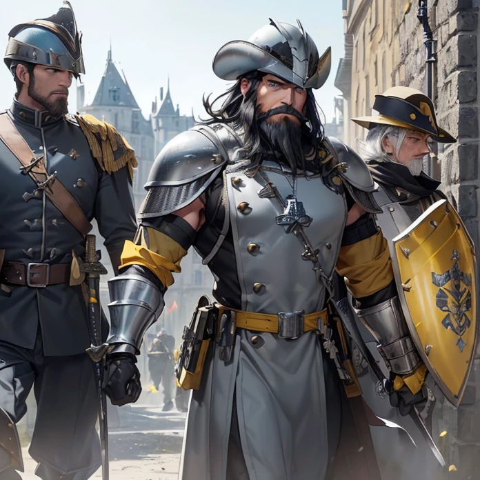 High Resolution, Masterpiece, fantasy genre, HD, High Quality, Backlighting, Overexposure, Optical Illusion, Silhouette, warhammer fantasy aesthetic
Anime Style, Digital Art, Multiple Views
{{((french soldier men-ar-arms: ((black beard, blue eyes, handsome elderly face), silver kettle-hat helmet, red tunic, yellow shoulder plates with grey trims, grey armored arms, yellow elbow plates, yellow steel belt, yellow gauntlets(soldier long sword)), (training at the castle yard holding his sword and shield),(modern french castle, men-ar-arms walking around))}}