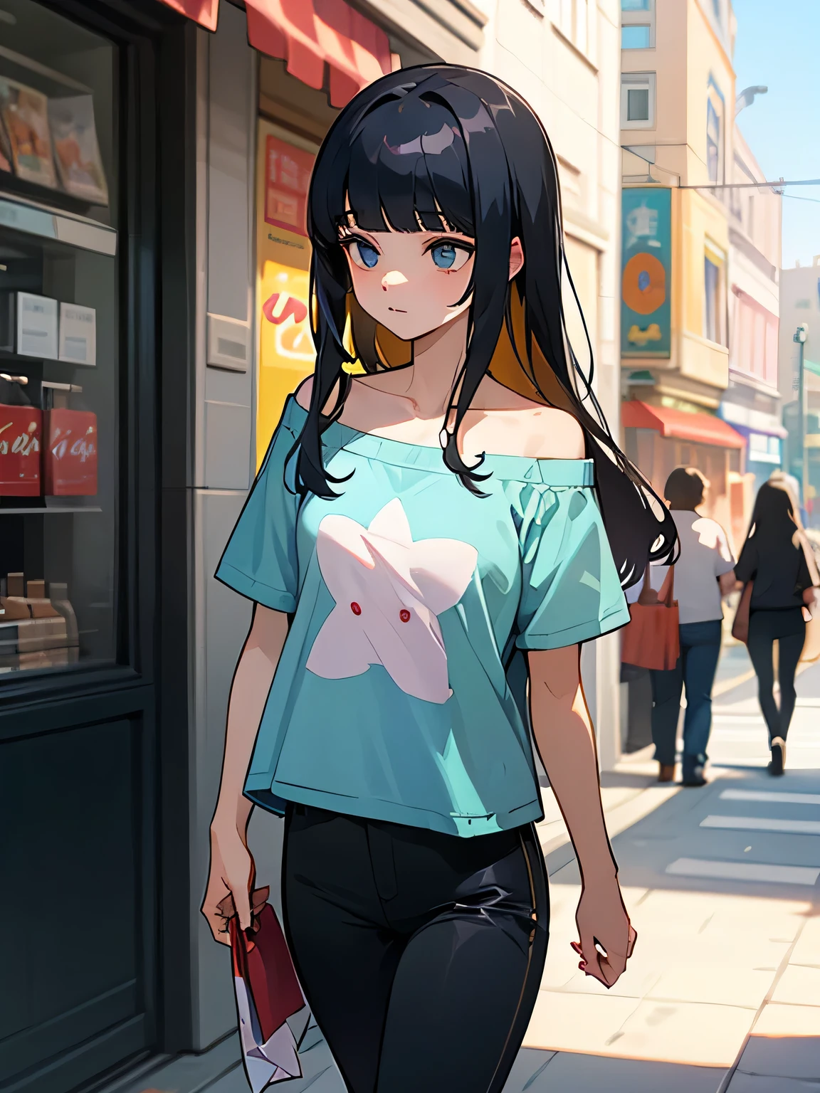 solo, walking through, black long hair, (blunt bangs), tsurime, off shoulder, thin pastel blue t-shirts, mini pants, (I'm the main character), looking away, on the street, on the shopping street, looking at the show window,