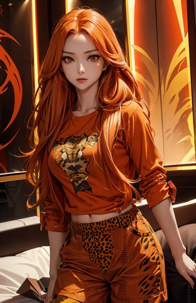 Woman with long hair straight, orange hair, high detailed, realistic, ultra realistic, villain, cheetah skin shirt and short pant, cheetah fashion shirt , ((red color eyes)),