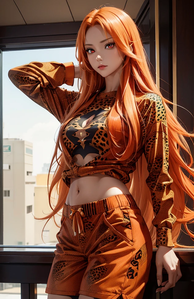Woman with long hair straight, orange hair, high detailed, realistic, ultra realistic, villain, cheetah skin shirt and short pant, cheetah fashion shirt , ((red color eyes)),