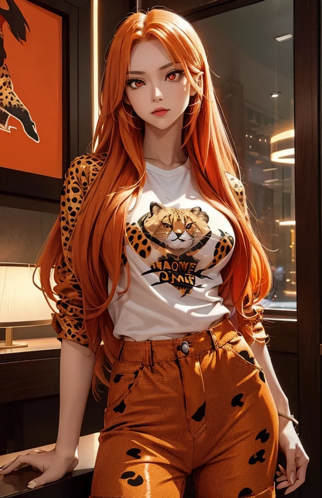 Woman with long hair straight, orange hair, high detailed, realistic, ultra realistic, villain, cheetah skin shirt and short pant, cheetah fashion shirt , ((red color eyes)),