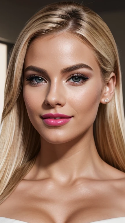 A realistic cinematic image of a blonde woman with big lips and big breasts,, soft lighting that highlights your face and body. His muscular arms and contoured abs are visible, perfect smile,with fashionable L Oreal style outfit with shiny eyeshadow striking black eyeliner and hot pink lipstick the skin is smooth and radiant with a healthy glow under soft lighting(( close-up no rosto))