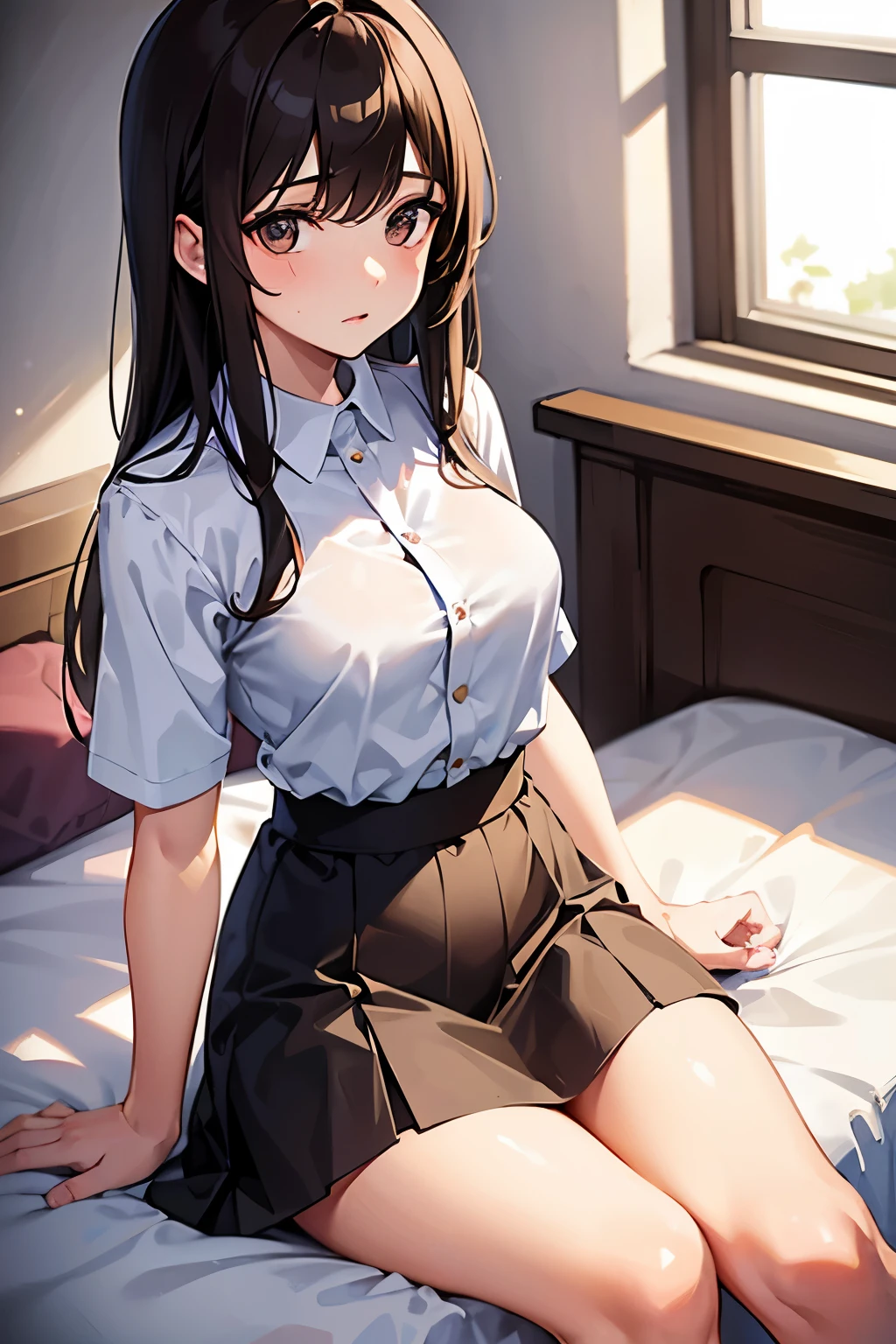 She is a student. She wears a white shirt, She has a dark brown skirt. She has brown hair, He has medium long hair. She has brown eyes. She is looking at the camera. Her waist is thin. She is sitting on a large bed in her room with white walls. Translucent clothing. He's a teenager. His shirt is open. She has medium breast. Tiene el escote abierto.