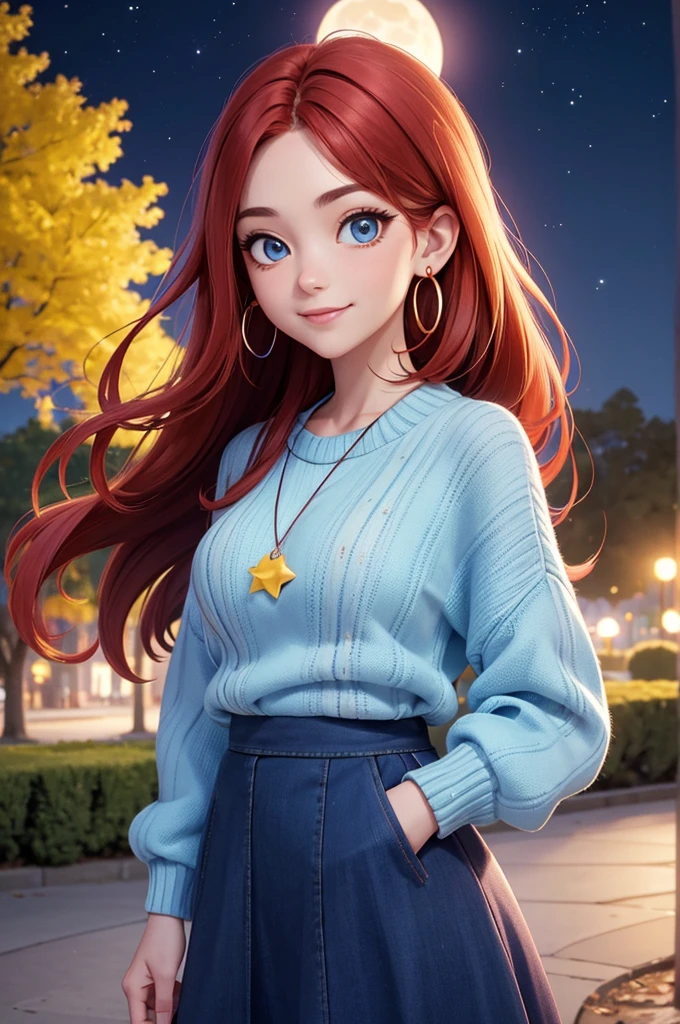 1 female,(Focus on face:1.15),(in the Park at night:1.2)red hair is fluttering,The moon is visible. Stars are visible,(wearing a blue and Yellow stripe Knit Fabric),(Longer sweaters),wearing a skirt,(cute),(upturned eyes),blue eyes,heart earrings,ring,nail art,red long hair,shooting star,smiling,Clear outline,High image quality,high resolution, high quality,4K