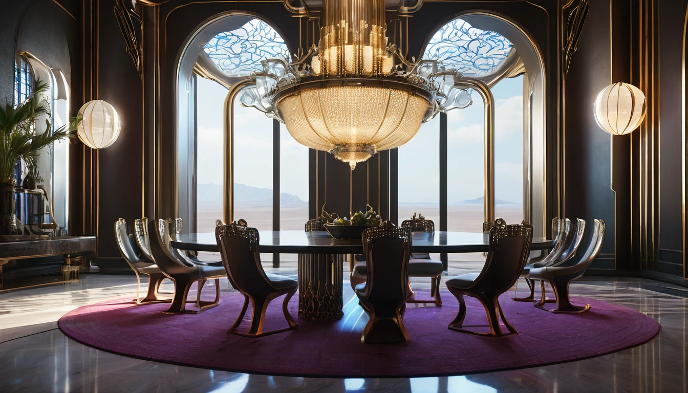 Tables and chairs、There is a dining room with a chandelier., cgsociety 9, Futuristic persian palace, cgsociety Unreal Engine, Redshift Houdini, Futuristic. Game CG, Unreal Engine Cinema 4D, Glamorous cyberpunk interior, Surreal Symmetry 8k, Rene Lalique and Eddie Mendoza, Cinematic Unreal 5, Cinematic Smoothness with Unreal Engine  