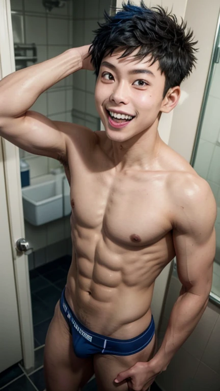 Japanese men、、Underdeveloped muscles and smooth skin、The whole body is visible、White and blue thin boxer briefs、Open mouth smile、Posing in the bathroom、Black and peach-colored hair、Yuuji