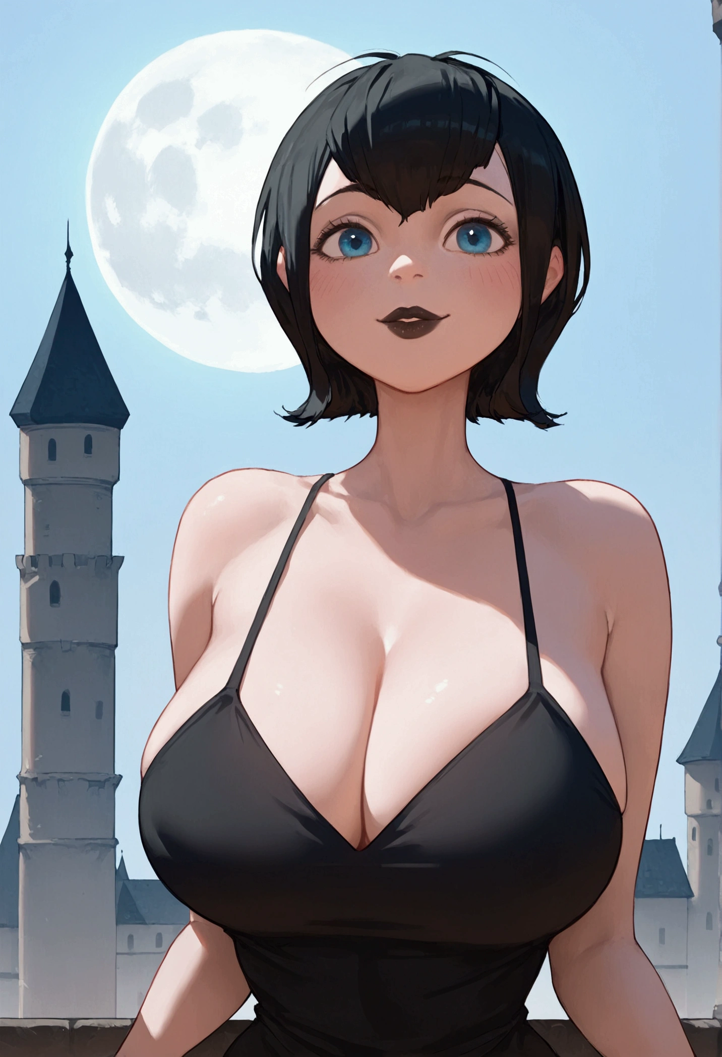 score_9, score_8_up, 1girl, female, solo, score_9, score_8_up, score_7_up, score_6_up, score_5_up, score_4_up, BREAK, 1girl, solo, big breasts, breasts, score_9, score_8_up, score_7_up, source_anime, 1girl, big breasts, smile,l ooking at the viewer,score_9, score_8_up, score_7_up, source_anime, source_cartoon, Mavis,short hair, black hair, best quality, perfect eyes, portrait, breasts,lips, black lips,eyelashes, blue eyes, black dress, castle, darkness, full moon, elijahzx style