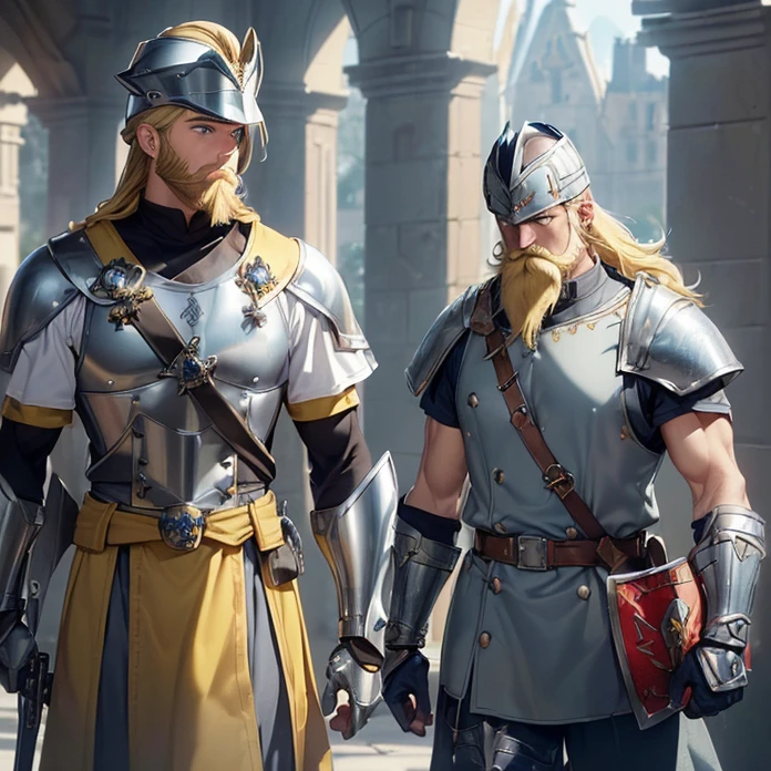 High Resolution, Masterpiece, fantasy genre, HD, High Quality, Backlighting, Overexposure, Optical Illusion, Silhouette, warhammer fantasy aesthetic
Anime Style, Digital Art, Multiple Views
{{((french soldier men-ar-arms: ((blonde beard, blue eyes, handsome elderly face, blonde eyebrows), silver steel kettle-hat helmet, red tunic, yellow shoulder plates with grey trims, grey armored arms, yellow elbow plates, yellow steel belt, yellow gauntlets(soldier long sword)), (training at the castle yard holding his sword and shield),(modern french castle, men-ar-arms walking around))}}