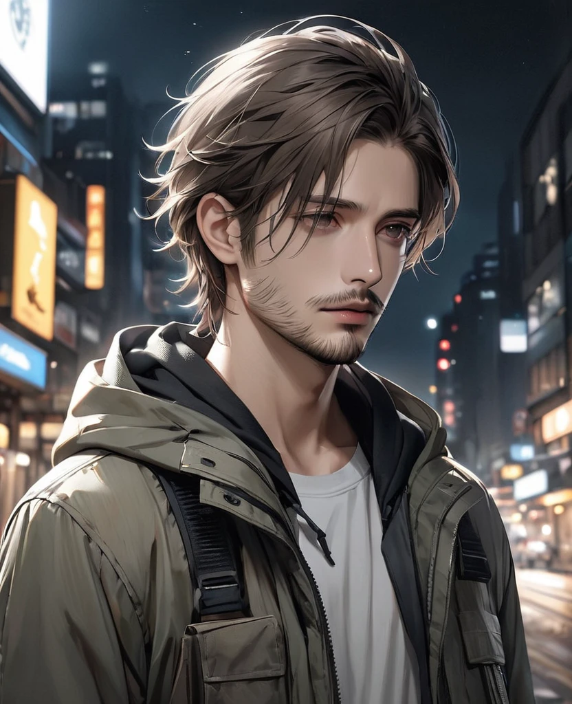 masterpiece, best quality, realistic, 1man, quiet young man, 21 years old, background: city at night, ((Dressed in grey military jacket)), shoulder length hair, dark brown hair, skinny, depressed look, full stubble facial hair, medium hair, unkempt appearence, messy hair, masculine features, toned but thin, stubble facial hair, looking worn down, caucasion, white boy, facial hair, stubble, beard stubble, not muscular, wearing hoodie underneath