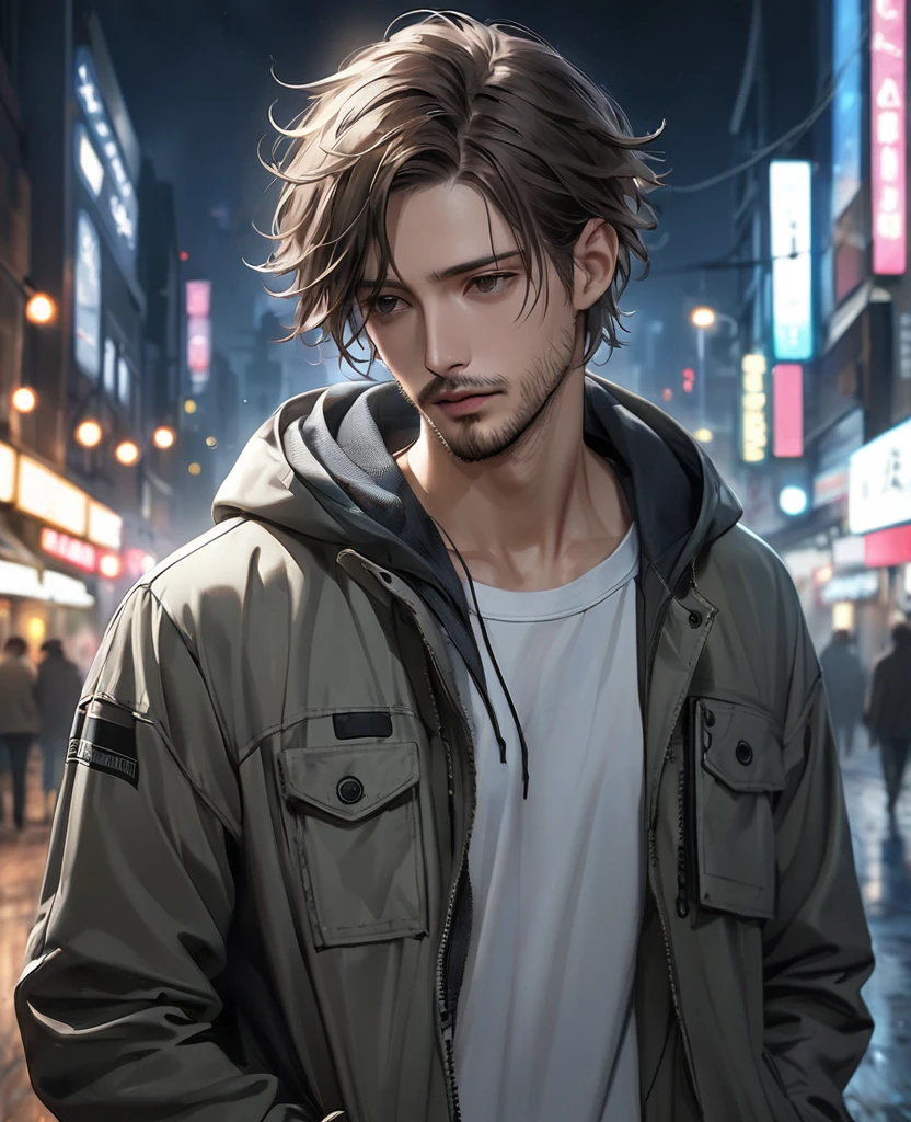 masterpiece, best quality, realistic, 1man, quiet young man, 21 years old, background: city at night, ((Dressed in grey military jacket)), shoulder length hair, dark brown hair, skinny, depressed look, full stubble facial hair, medium hair, unkempt appearence, messy hair, masculine features, toned but thin, stubble facial hair, looking worn down, caucasion, white boy, facial hair, stubble, beard stubble, not muscular, wearing hoodie underneath
