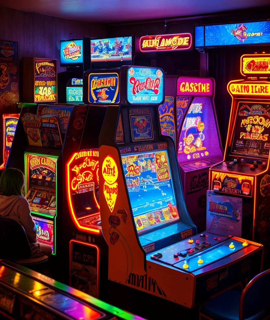 "A 1990s video game arcade with rows of classic arcade machines. The room is dimly lit with colorful lights from the screens, and people are engrossed in their games."