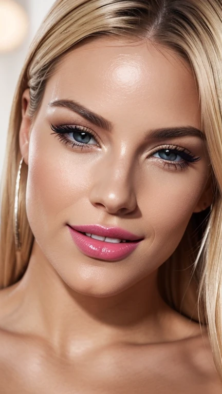 A realistic cinematic image of a blonde woman with big lips and big breasts,, soft lighting that highlights your face and body. His muscular arms and contoured abs are visible, perfect smile,with fashionable L Oreal style outfit with shiny eyeshadow striking black eyeliner and hot pink lipstick the skin is smooth and radiant with a healthy glow under soft lighting(( close-up no rosto))
