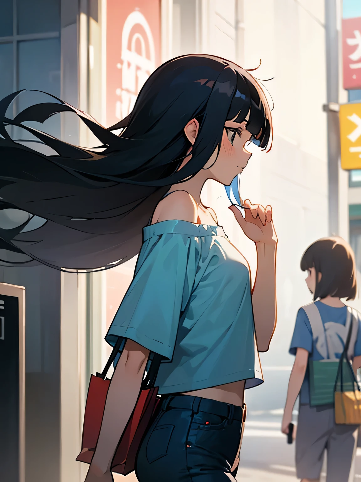 sideview,solo, walking through, black long hair, (blunt bangs), tsurime, off shoulder, thin pastel blue t-shirts, mini pants, (I'm the main character), looking away, on the street, on the shopping street, looking at the show window,