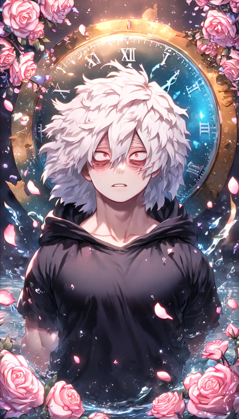 absurdres, highres, ultra detailed, HDR, masterpiece, extremely detailed, Shigaraki Tomura, white hair, expressive red eyes, Boku No Hero Academia, solo, sexy man, handsome, sensual, horny, black hooded coat, black T-shirt, water, magical, fantasy, glittering, shining, pink roses, blossoms, petals, in woderland, clock, manly man