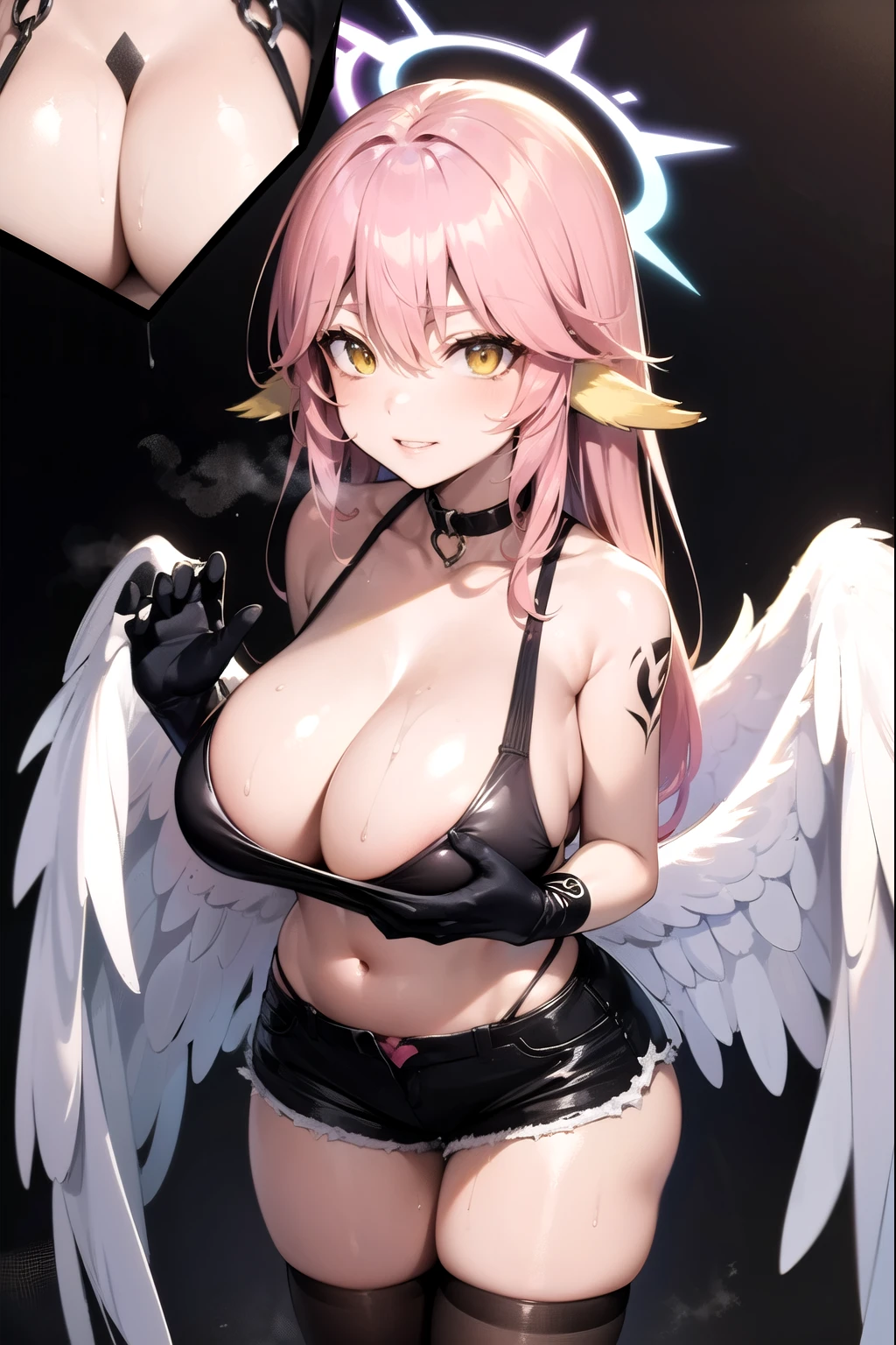 jibril, BREAK jibril, angel, angel wings, collar, animal ears, bird ears, compass rose halo, belly button, feathered wings, feathers, gradient hair, halo, long hair, low wings, multicolored hair, pink hair, symbol-shaped pupils, tattoos, chest tattoos, breast tattoos, thigh tattoos, tattooed, white wings, wing ears, wings, (yellow eyes:1.5), seductive look, seductive smile, smug, Shiny skin, wet, sweaty, sweat, oiled, big breast. Cleavage, clothing. Oil, lotion, slime, slimy.
BREAK thighhighs, long gloves. Fully clothed. Midriff, tank top, short shorts. Sweating, dripping, steam.
BREAK (masterpiece:1.2), best quality, high resolution, unity 8k wallpaper, (illustration:0.8), (beautiful detailed eyes:1.6), extremely detailed face, perfect lighting, extremely detailed CG, (perfect hands, perfect anatomy), narrow eyes.