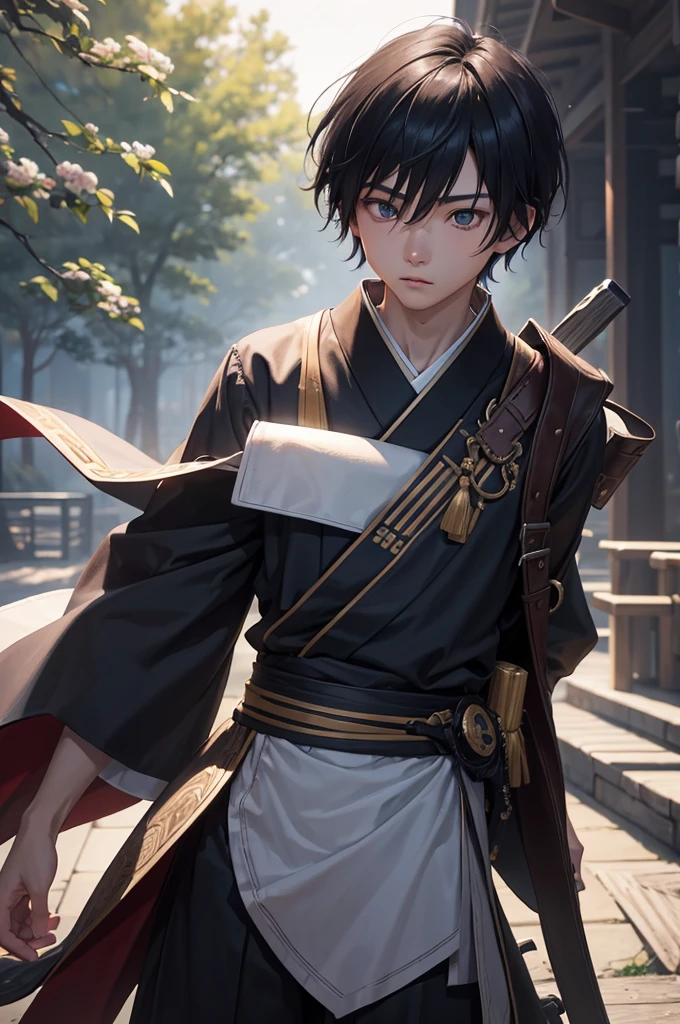 a young Japanese man of eighteen years of age, have fair skin, His eyes are blue and his hair is in an emo style with bangs covering part of his eye on the left side., the young man is six feet tall and two centimeters tall. captured in an ultra-realistic full HD 4K portrait, detailed texture showing its menacing shape, Immersive atmosphere, high definition shadow play, digitalpainting, nevoa no environment.