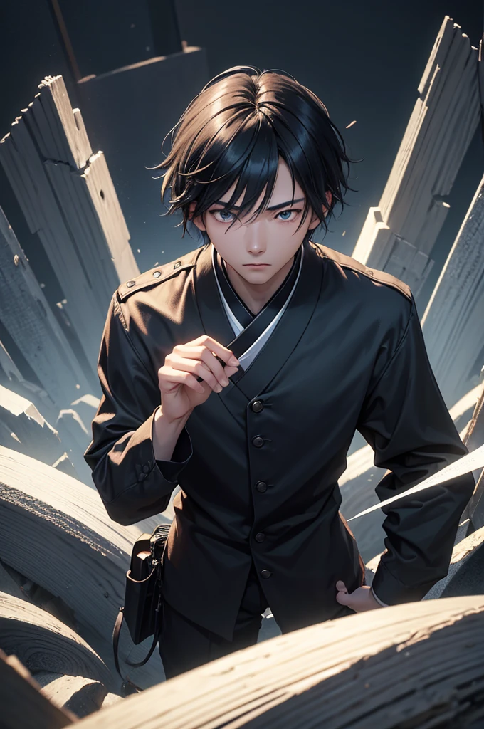 a young Japanese man of eighteen years of age, have fair skin, His eyes are blue and his hair is in an emo style with bangs covering part of his eye on the left side., the young man is six feet tall and two centimeters tall. captured in an ultra-realistic full HD 4K portrait, detailed texture showing its menacing shape, Immersive atmosphere, high definition shadow play, digitalpainting, nevoa no environment.