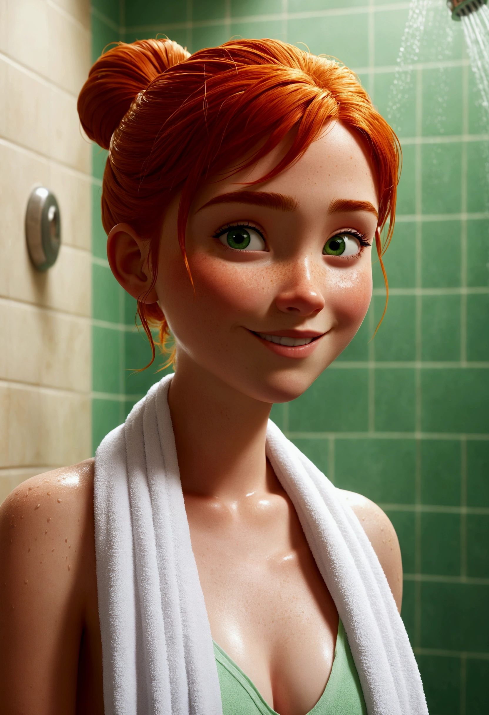 21 years old, 1girl, Orange hair in a bun, green eyes, slight smirk, freckles on cheeks, thin eyebrows, wet hair, wet skin, wearing a white towel, standing in front of a shower, cartoon, (pixar:1.2), Lucy Wilde, long nose, bangs, full body view, wide hips, small breasts, smiling