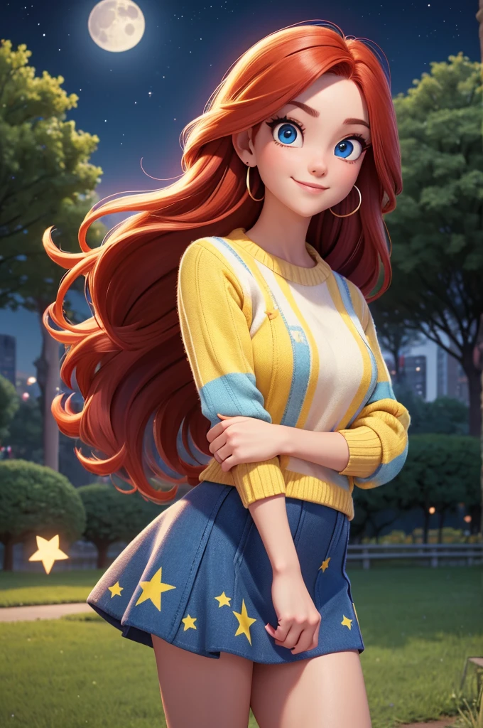 1 female,(Focus on face:1.15),(in the Park at night:1.2)red hair is fluttering,The moon is visible. Stars are visible,(wearing a blue and Yellow stripe Knit Fabric),(Longer sweaters),wearing a skirt,(cute),(upturned eyes),blue eyes,heart earrings,ring,nail art,red long hair,shooting star,smiling,Clear outline,High image quality,high resolution, high quality,4K