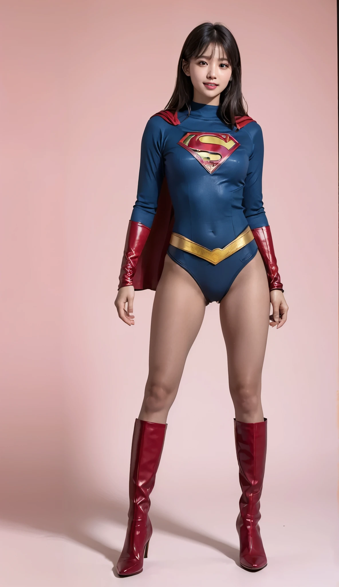 No background、(((Beautiful legs in black tights.)))、(((Legally express the beauty of your smile)))、((((Make the most of your original images)))、(((Supergirl Costume)))、(((Beautiful very short hair)))、(((suffering)))、(((Please wear black tights....、Wear red boots)))、((Best image quality、8k))、((Highest quality、8k、masterpiece:1.3))、(((Preserve background )))、Sharp focus:1.2、Beautiful woman with perfect figure:1.4、Slim Abs:1.2、Wet body:1.5、Highly detailed face and skin texture、8k
