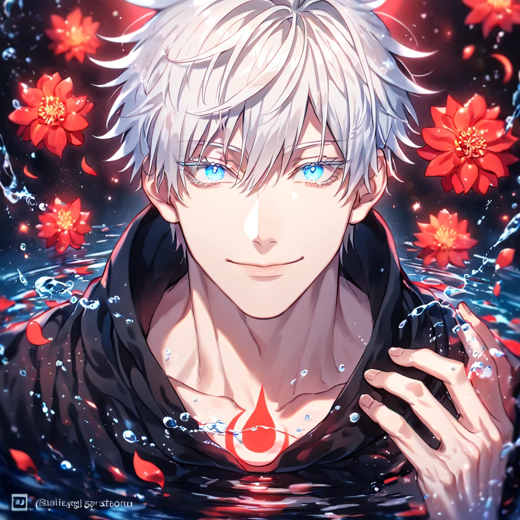 absurdres, highres, ultra detailed, HDR, master piece, Gojou Satoru, white hair with bangs, white eyelashes, expressive blue eyes, black clothes, Jujutsu Kaisen, sexy man, handsome, best quality, red glittering crescent moon, red flowers, fantasy, magical, solo, water, red shining fireflies, red petals, sensual, horny, manly man, handsome smile,