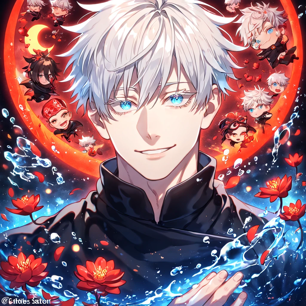 absurdres, highres, ultra detailed, HDR, master piece, Gojou Satoru, white hair with bangs, white eyelashes, expressive blue eyes, black clothes, Jujutsu Kaisen, sexy man, handsome, best quality, red glittering crescent moon, red flowers, fantasy, magical, solo, water, red shining fireflies, red petals, sensual, horny, manly man, handsome smile,