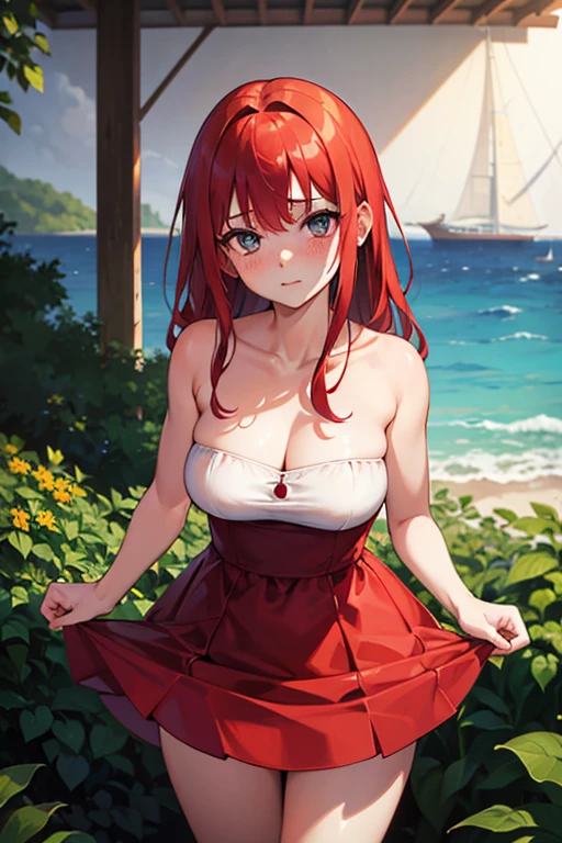award-winning photo with best quality masterpiece,  woman freckled face red hair windblown emerald eyes strapless dress transparent modern, blush, looking ahead at viewer
