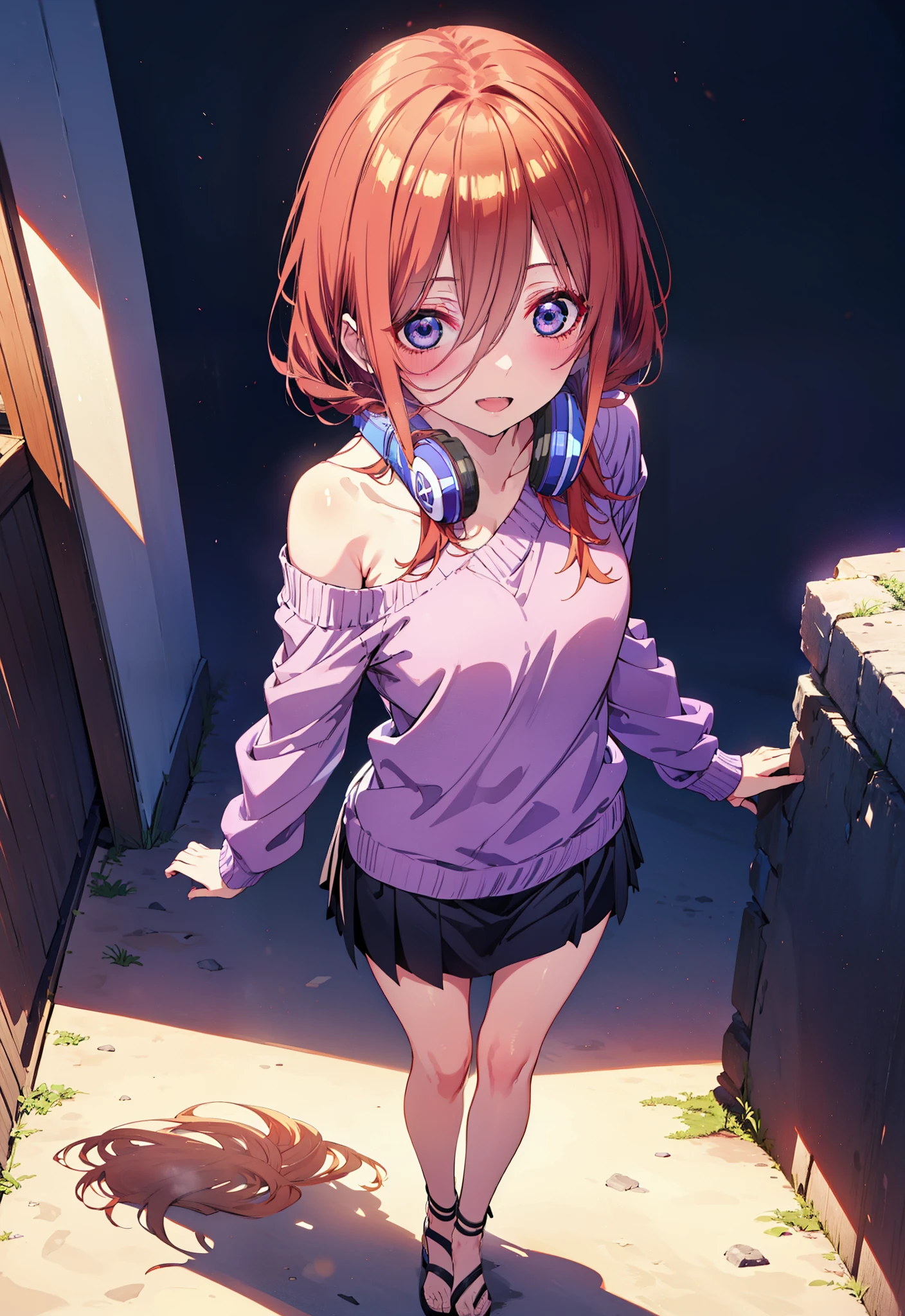 Miku Nakano, miku nakano, Long Hair, bangs, blue eyes, Brown Hair, shirt, Hair between the eyes, Headphones around neck,happy smile, smile, Open your mouth,One-shoulder sweater,mini skirt,Heeled Sandals,Walking,morning,morning陽,Clear skies,whole bodyがイラストに入るように,
break outdoors, Building district,
break looking at viewer,whole body,
break (masterpiece:1.2), Highest quality, High resolution, unity 8k wallpaper, (figure:0.8), (Beautiful attention to detail:1.6), Highly detailed face, Perfect lighting, Highly detailed CG, (Perfect hands, Perfect Anatomy),