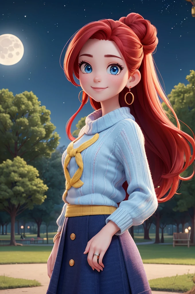 1 female,(Focus on face:1.15),(in the Park at night:1.2)red hair is fluttering,The moon is visible. Stars are visible,(wearing a  blue and Yellow stripe Knit Fabric),(Longer sweaters),wearing a skirt,(cute),(upturned eyes),blue eyes,heart earrings,ring,nail art,red long hair,shooting star,smiling,Clear outline,High image quality,high resolution, high quality,4K