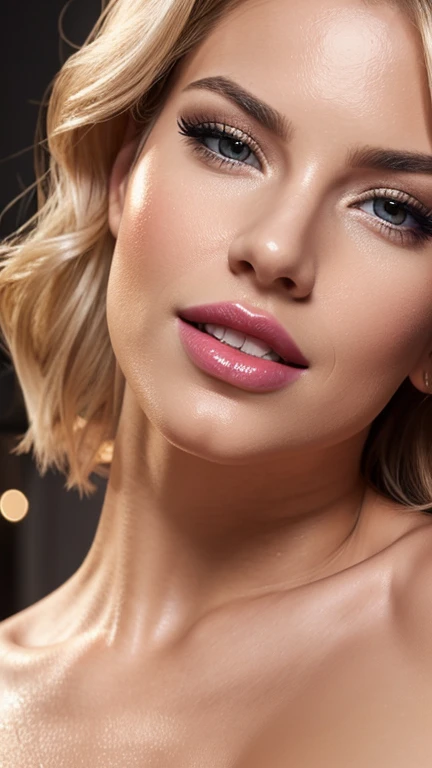 A realistic cinematic image of a blonde woman with big lips and big breasts,, soft lighting that highlights your face and body. His muscular arms and contoured abs are visible, perfect smile,with fashionable L Oreal style outfit with shiny eyeshadow striking black eyeliner and hot pink lipstick the skin is smooth and radiant with a healthy glow under soft lighting(( close-up no rosto))