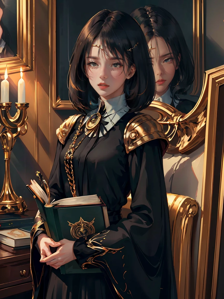 Short dark brown hair, dark brown eyes, gloss lips, front look, close up, portrait, beautiful eyes, straight hair cut, clear skin, young years girl, adult girl, solo, handsome older WOMAN,Hyperresolution,accuracy,Detailed rendering,(Image of fine hair)(topquality)(Masterpieces of masters)(High degree of completeness)(A sense of atmosphere)tmasterpiece,Super detailed and super detailed(((half-body portrait))(((Monocle)))(((Dark academia)))((((Librarian)))(((SOPHISTICATED)))(((bOOK NERD)))(((Monocle glasseS)))