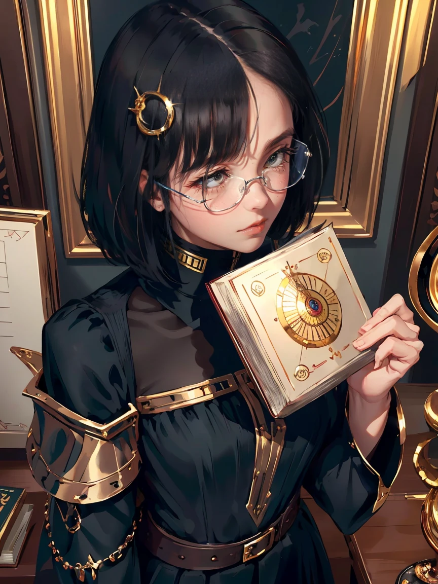 Short dark brown hair, dark brown eyes, gloss lips, front look, close up, portrait, beautiful eyes, straight hair cut, clear skin, young years girl, adult girl, solo, handsome older WOMAN,Hyperresolution,accuracy,Detailed rendering,(Image of fine hair)(topquality)(Masterpieces of masters)(High degree of completeness)(A sense of atmosphere)tmasterpiece,Super detailed and super detailed(((half-body portrait))(((Monocle)))(((Dark academia)))((((Librarian)))(((SOPHISTICATED)))(((bOOK NERD)))(((Monocle glasseS)))