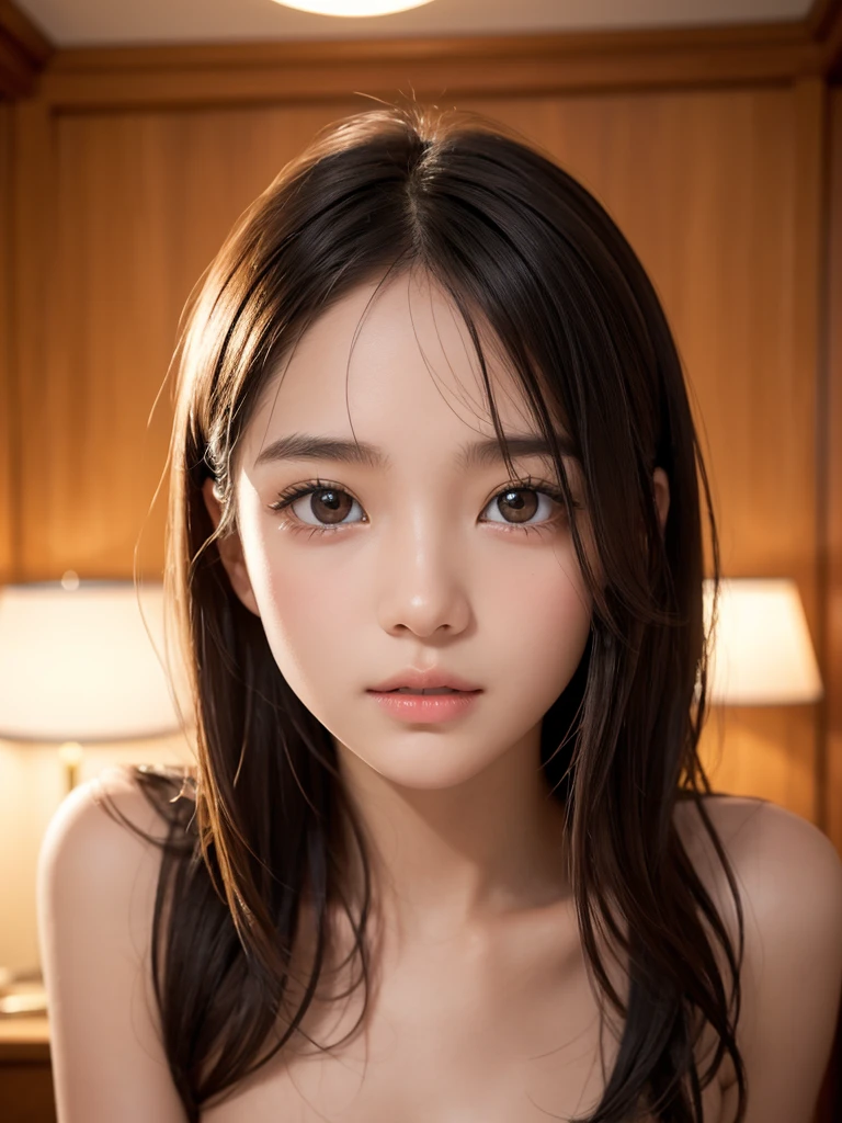 1girl,12 years old,Famous idol,1cute girl,very young face,masterpiece,high quality,small face,(very small tits:1.8）(Best quality, 8k, 32k, Masterpiece, UHD):1.2, Masterpiece, best quality, highres, RAW photo, extremely detailed CG, 16K, professional lighting, physically-based rendering, (nude:1.5), 12yo, Japanese woman, solo, bishoujo, (pretty face:1.5), slit eye, beautiful eye, round face, small face, extremely detailed eyes and face, eyes with beautiful details, thin body, tall body, medium hair, wavy hair, bangs, in room, (anatomical:1.4),(Beauty of form:1.4) Golden ratio,