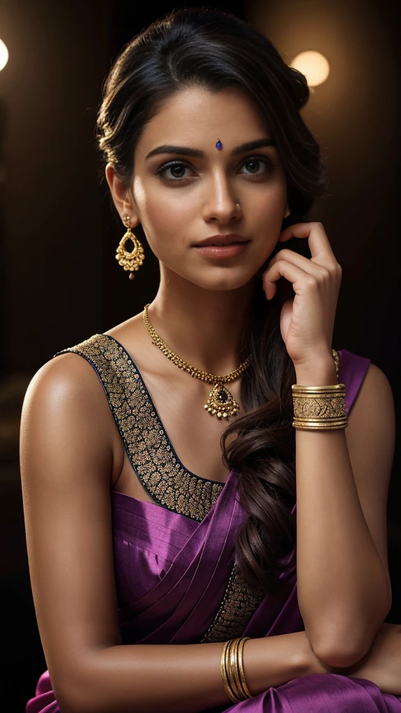 In this photograph, an Indian Instagram female model in her mid-20s takes hugging her self. (highly detailed face:1.4) (smile:0.7) (background 5-star hotel, moody, private study:1.0V, by Lee Jeffries, Nikon D850, film stock photograph, 4 Kodak Portra 400, camera f1.6 lens, rich colors, hyper-realistic, lifelike texture, dramatic lighting, Cinestill 800, realistic). She is wearing a traditional purple saree that exudes elegance and sophistication. The saree features a vibrant and intricate design with rich colors and detailed patterns, draped gracefully around her. The blouse is sleeveless but with intricate embroidery and beadwork, complementing the saree’s luxurious fabric. She is tying her hair with raised hands, Completing her look, she adorns herself with traditional jewelry, including bangles, earrings, and a necklace. The model's hair is styled in a classic bun with jasmine flowers, adding a modern twist to her traditional attire.
The photograph is meticulously captured in 8K resolution using cutting-edge techniques such as Cinema 4D and Octane Render, resulting in a highly detailed and photorealistic image. Studio lighting, HDR, and a smoky mist create a captivating ambiance, while the bokeh effect adds an artistic touch.