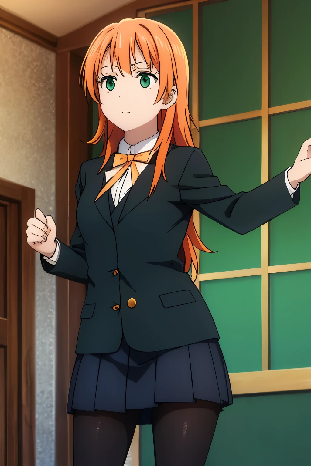 Detailed, long orange hair, green eyes, black skirt, tights, majenta green blazer jacket