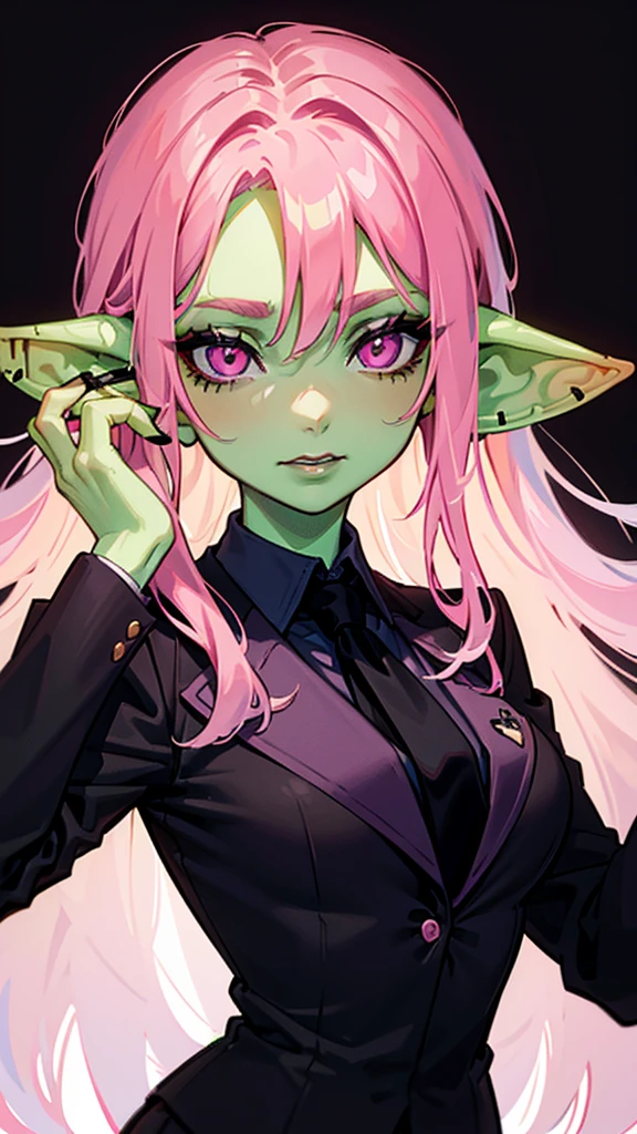 1 girl, portrait, goblin girl, green skin, pink hair, long hair, lip piercing, pink eyes, black shirt, black tie, black lipstick, black eye makeup, happy, black background, hands behind back, office lady, business suit, close-up, symmetrical ears
