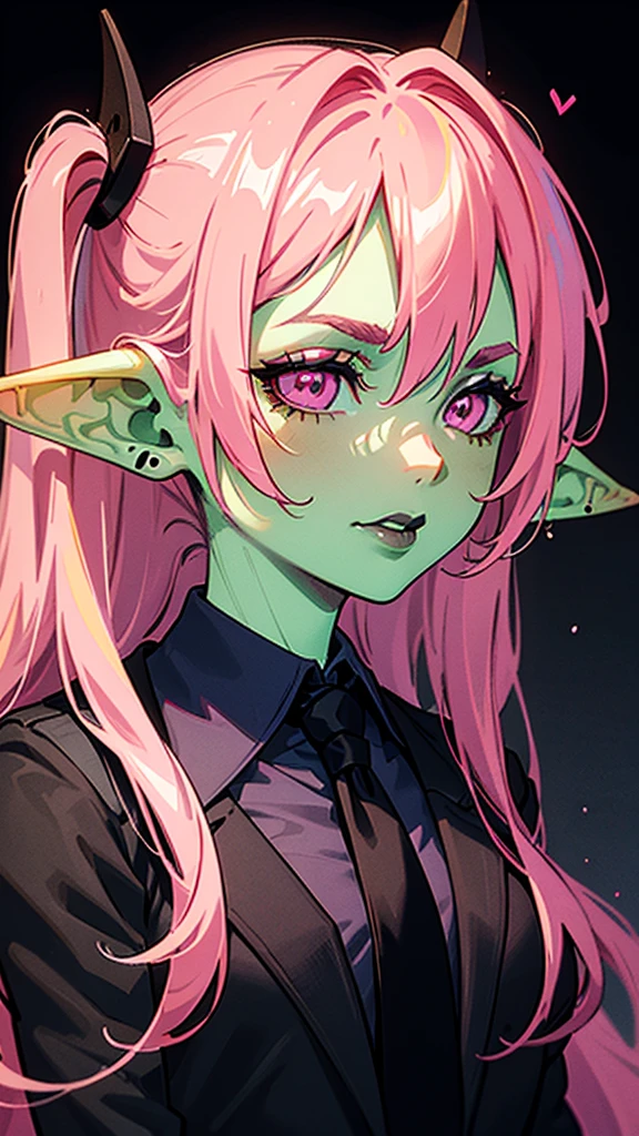 1 girl, portrait, goblin girl, green skin, pink hair, long hair, lip piercing, pink eyes, black shirt, black tie, black lipstick, black eye makeup, happy, black background, hands behind back, office lady, business suit, close-up, symmetrical ears