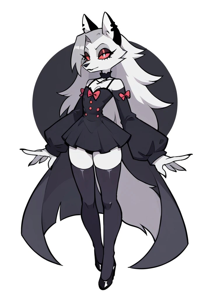 An original character, anthropomorphic, wolf, feminine, tall character, wearing a simple gothic outfit, using some accessories, on a simple background, cartoon art style "Helluva Boss"