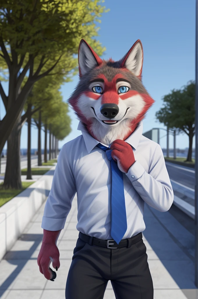 Ivan Wolfbach (Аэропорт Domodedovo),high,Beautiful,slim,24 years,wolf, red fur,high Beautiful wolf, 24 years,(red body:1.3),beautiful blue eyes,Domodedovo, Russia, Аэропорт Domodedovo,gray white shirt, blue tie, trousers,canine, wolf, detailed fur, Male, second, paw pads, finger claws, At the viewer, 5 fingers, paws, 5 fingers,day,digital photography, soft focus,Good mood на стойке регистрации,,photorealism, realistic, photorealistic,digital style,from close walks around the city, Very close to the camera, digital photography, positive smile, Good,mood,green tie, At the airport, it's hard to see with glasses, pilot patch, 4 yellow stripes on sleeves.,
masterpiece, Best quality, ultra realistic, 8 thousand.)