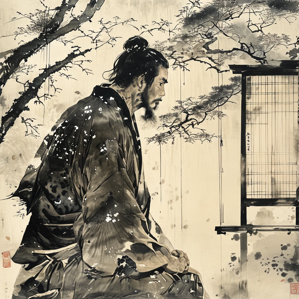 A japanese man in a dojo looking out onto the tress outside ink painting