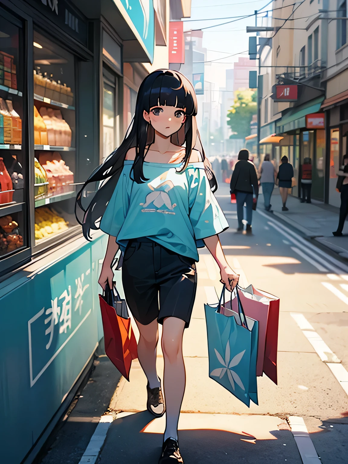 solo, walking through, black long hair, (blunt bangs), tsurime, off shoulder, thin pastel blue t-shirts, mini pants, (I'm the main character), looking away, on the street, on the shopping street, looking at the show window,