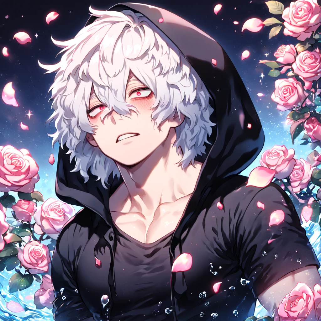 absurdres, highres, ultra detailed, HDR, masterpiece, extremely detailed, Shigaraki Tomura, white hair, expressive red eyes, Boku No Hero Academia, solo, sexy man, handsome, sensual, horny, black hooded coat, black T-shirt, water, magical, fantasy, glittering, shining, pink roses, blossoms, petals, in woderland, clock, manly man