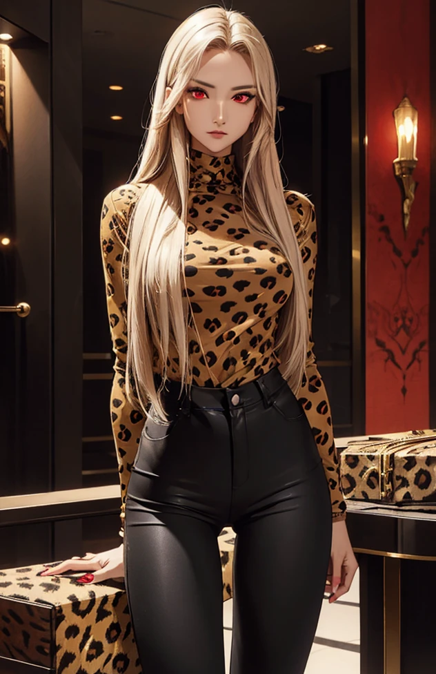 Woman with long hair straight, cheetah skin in shirt, high detailed, realistic, ultra realistic, villain, cheetah skin shirt and ((black skinny pant)), cheetah skin shirt, ((red  eyes))