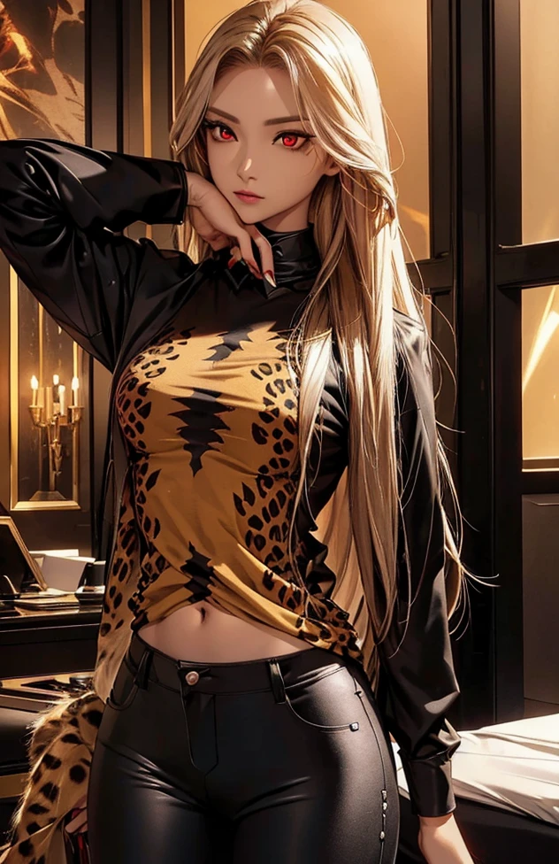 Woman with long hair straight, cheetah skin in shirt, high detailed, realistic, ultra realistic, villain, cheetah skin shirt and ((black skinny pant)), cheetah skin shirt, ((red  eyes))