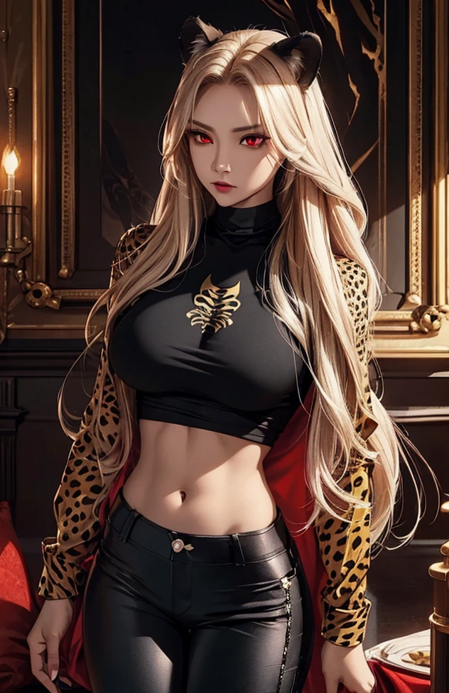 Woman with long hair straight, cheetah skin in shirt, high detailed, realistic, ultra realistic, villain, cheetah skin shirt and ((black skinny pant)), cheetah skin shirt, ((red eyes))