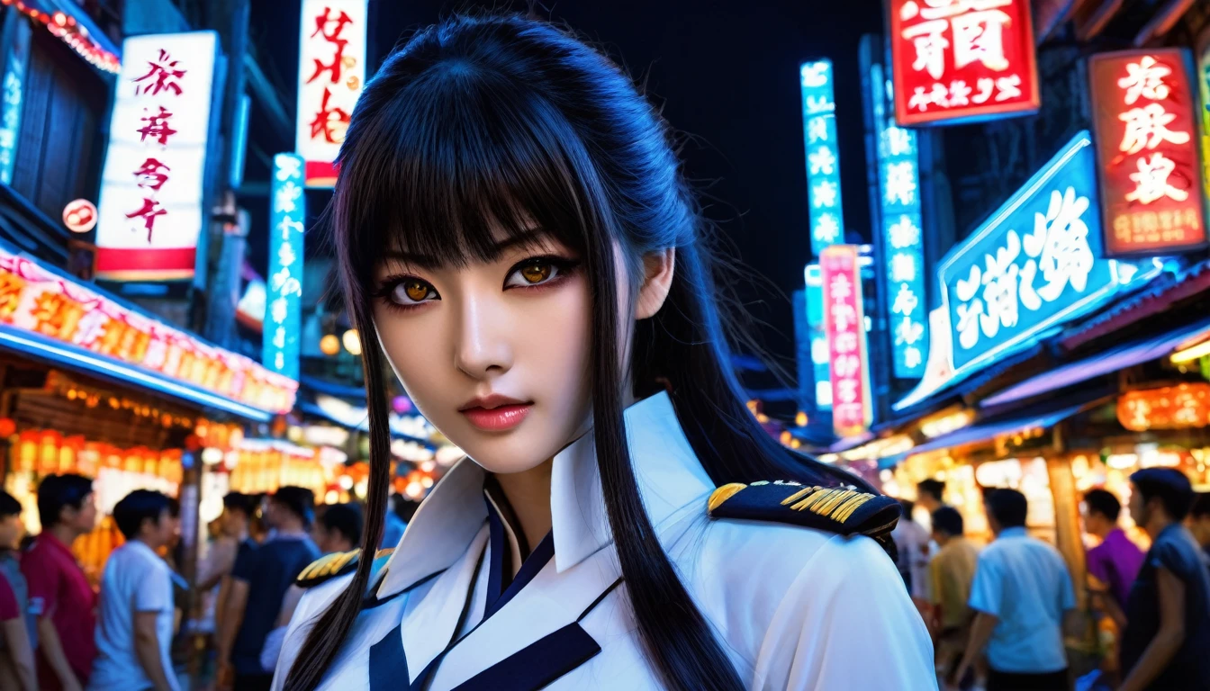 A beautiful woman in gal makeup wearing a uniform in the bustling city of Gintama, Surrounded by sellers, Beautiful portrait of a stunning goddess girl, Beautifully detailed face, Porcelain-like skin, Half Body Shot, Centered,(He is black,belly button:1.2),((moonlight,night,Big neon,Strong neon lighting,Rim Light,Two-tone lighting))),