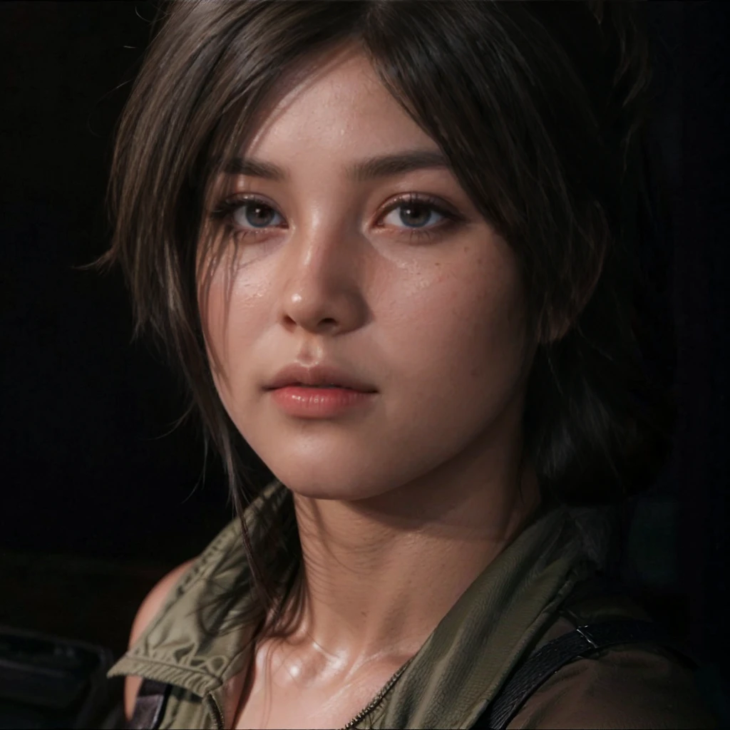 Lara Croft, eyes browns, (best qualityer, ultra detali), (realisitic:1.37), beautiful and detailed face, ultra-realisitic texture, 精致的面容, Delicate body, red lipgloss stick, shiny colors. High definition, 8k.