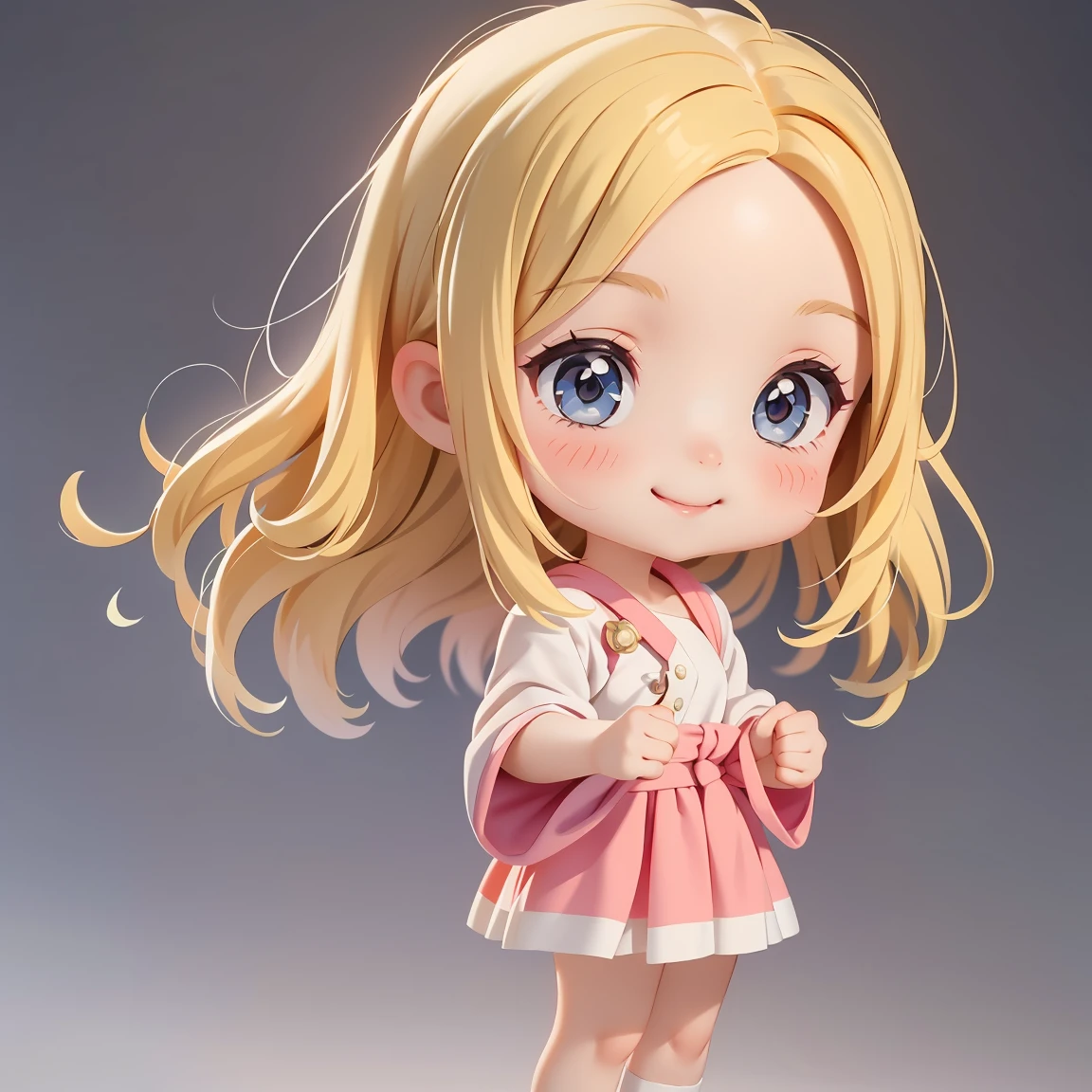 Super Chibi Character:1.8、wearing cute sandals、All-over simple and light color background:1.8、Blonde Hair、Cute 7 year old girl、Random cute outfits、Super Chibi Character:1.8、smile、Smile、Hands raised、Hands raised